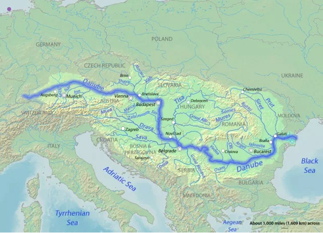 Map of the Danube's path in Western Europe.